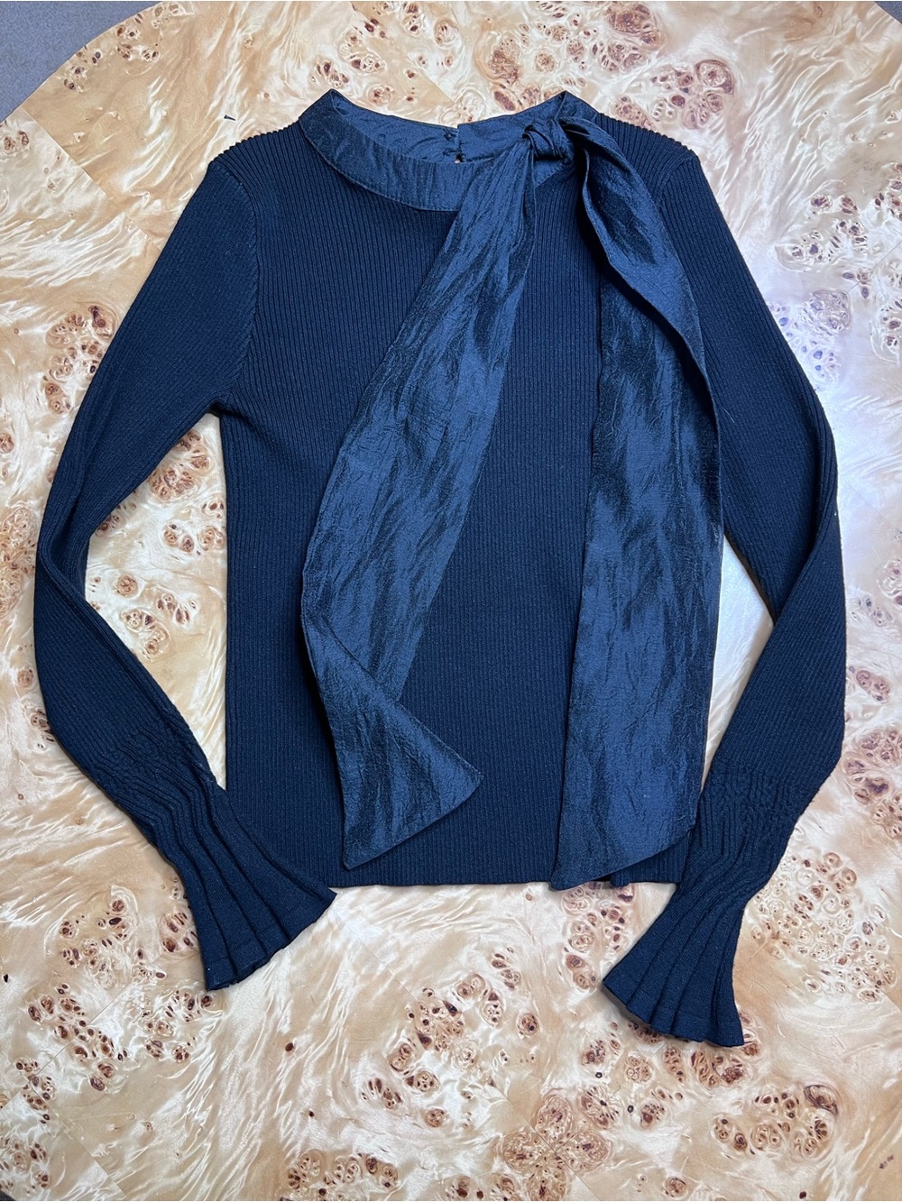Black Tie-Neck Ribbed Sweater